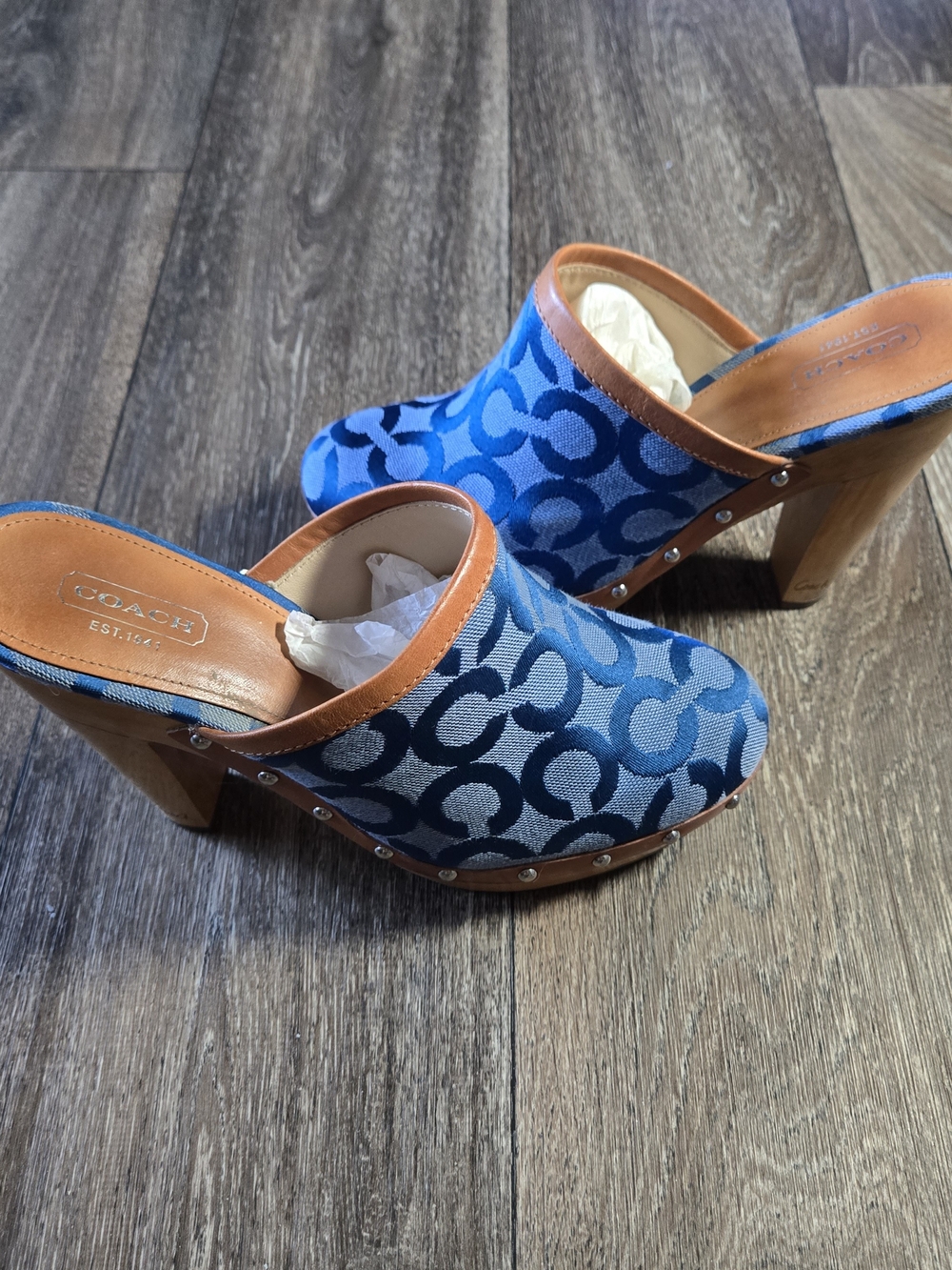 Y2K Auth COACH Blue Plaid Leather Mule/Clog With Wooden Heels - Picture 6 of 14